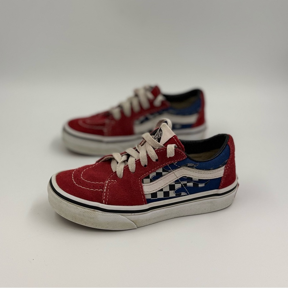 Vans old skill red and checkered flame kids size 12.5